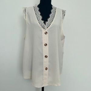 Women's Button Up Sleeveless Blouse, L, NWOT, Lace Trim, Ivory